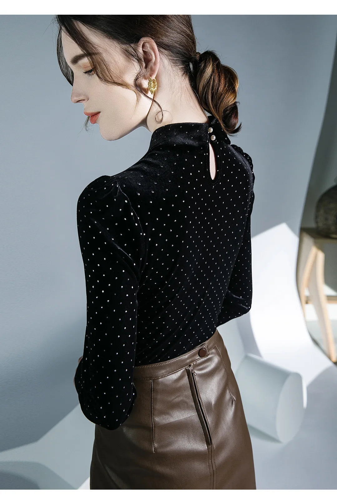 Black Vintage Doll Collar Polka Dot Gold Velvet Top Women's Autumn and Winter Gauze Splicing Perspective Sexy T-shirt