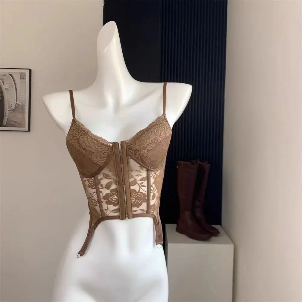 V-Neck Sexy Lace Corset Top Slim Fit Push Up Hollow Suspender Vest Adjustable Straps Off Shoulder Breathable Mesh Vest Travel