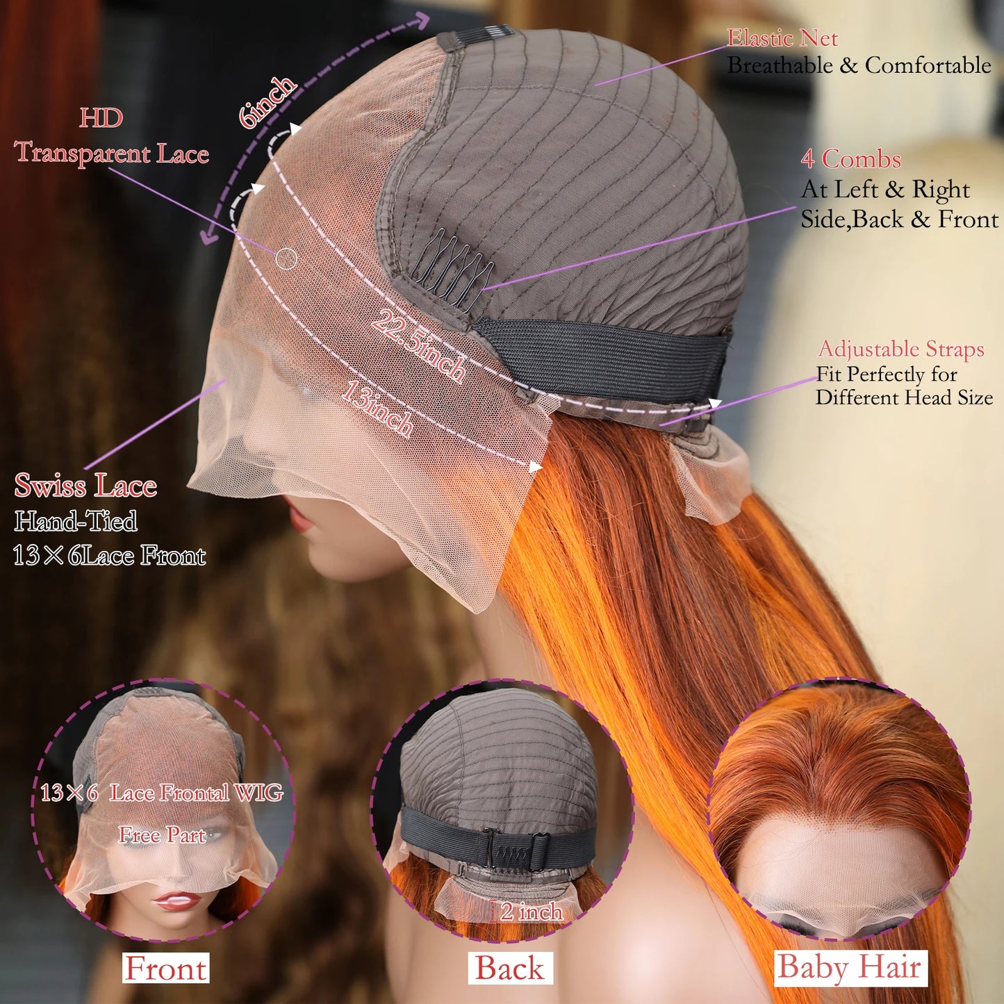 250% 4/350 Highlight Ombre Bone Straight 13x6 Lace Front 100% Human Hair Wigs Ginger Orange Brown Colored 13x4 Lace Frontal Wig