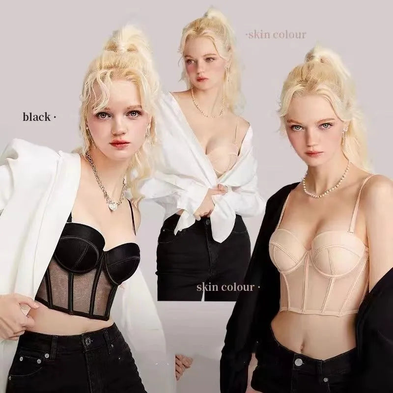 French Ladies Transparent Mesh Corset Sexy Shaper Thin Bra Set Night Club Sweet Cropped Top Girls Hot Bra and Panties Bralette