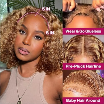 Deep Wave Bob Wig Human Hair Glueless Highlight 5x5 HD Lace Front 220% Density 4/27 Colored Ombre Wear and Go Human Hair Wigs