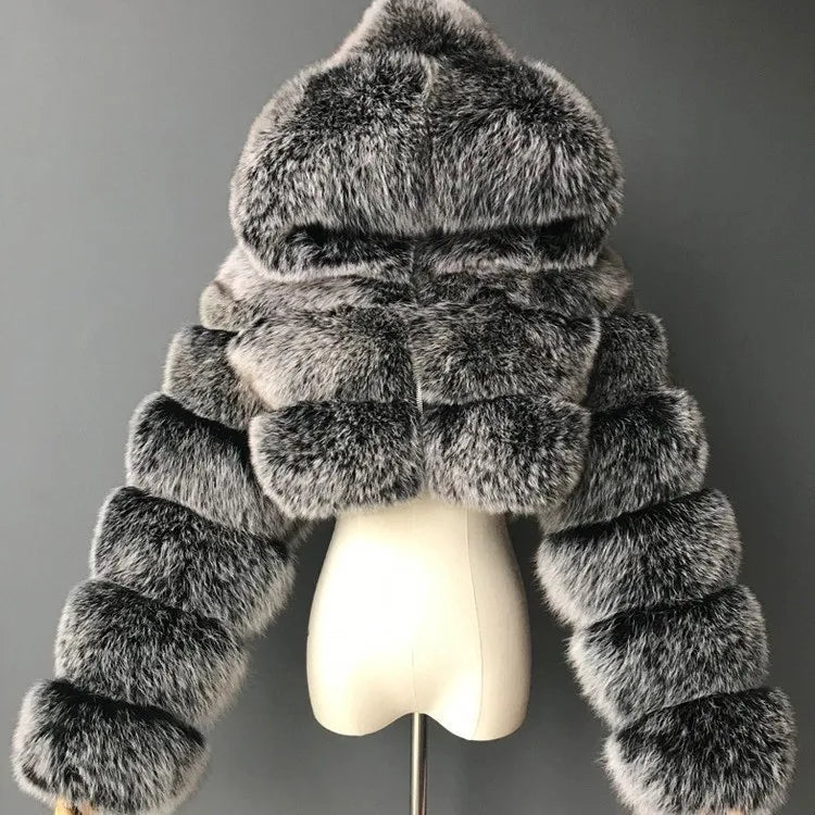 Women Warm Faux Fur Coat Winter Vintage Gradient Jacket Furry Outerwear Jackets Hooded Coats Plus Size Autumn Winter Streetwear