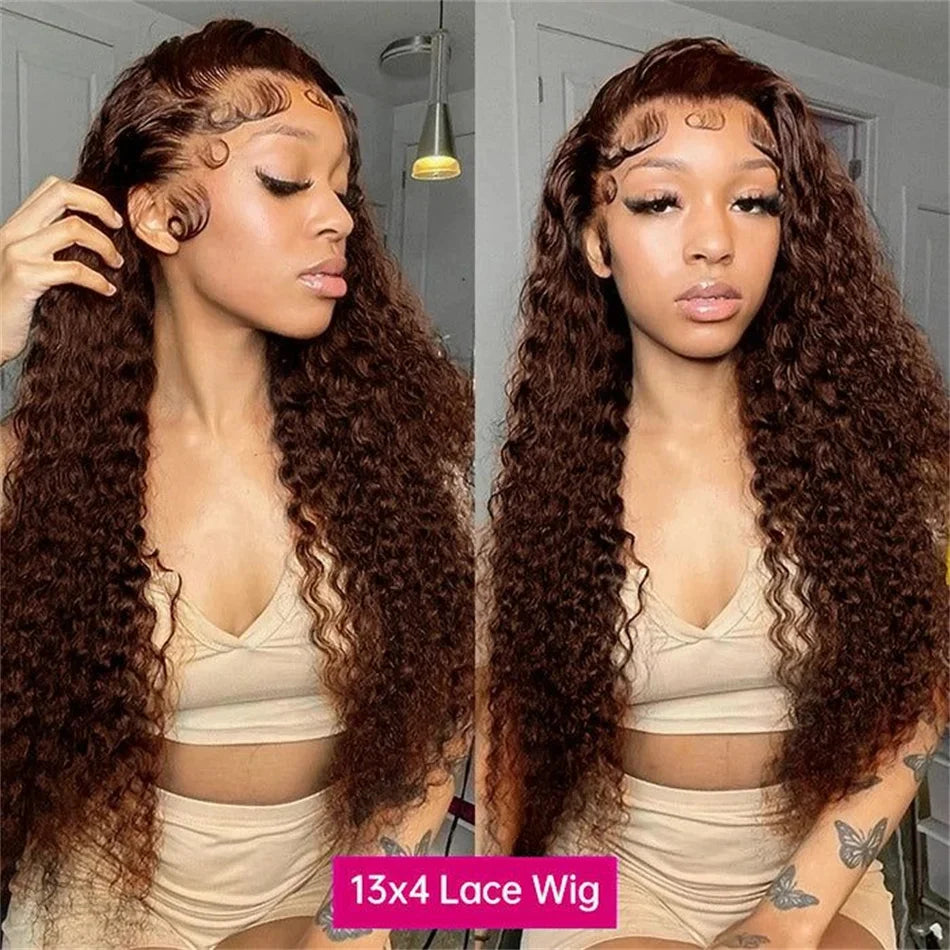 Chocolate Brown Curly Human Hair Wigs 13x4 13x6 Deep Wave Lace Frontal Wigs For Women Pre Plucked 100% Brazilian Human Hair Wig