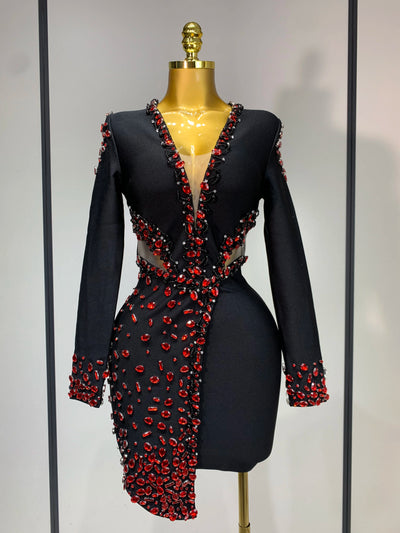 Luxury Birthday Women Celebrity Sexy Long Sleeve V Neck Rhinestone Black Bandage Dress 2025 Elegant Evening Club Party Dresses