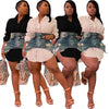 Denim 2 Piece Sets Women Shirt Skirt Suit Hole Single Breasted Turn Down Collar Pocket Splicing Outfits 2025 Skirts Ensemble