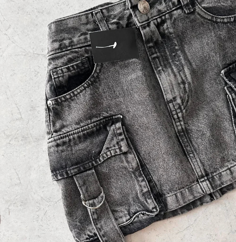 Harajuku Multiple Pockets Denim Plaid Skirt Goth Black Mini Skir Vintage Y2K New Fashion Womens Casual Versatile Sexy Streetwear