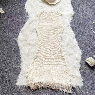 Fashion Tassel Knitted Short Sundress Women Sleeveless Stand Neck Elastic Bodycon Dress Beach Streetwear Bodycon Mini Dress