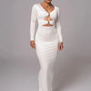 Mozision hollow out long sleeve sexy maxi dress for women fashion solid V neck back split bodycon club long dress elegant