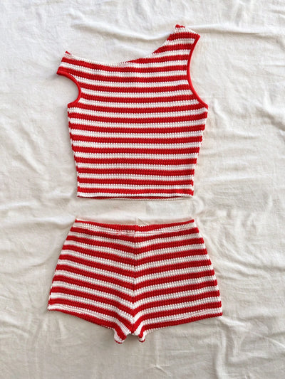 European and American striped vest shorts set, summer knitted hot pants top two-piece set