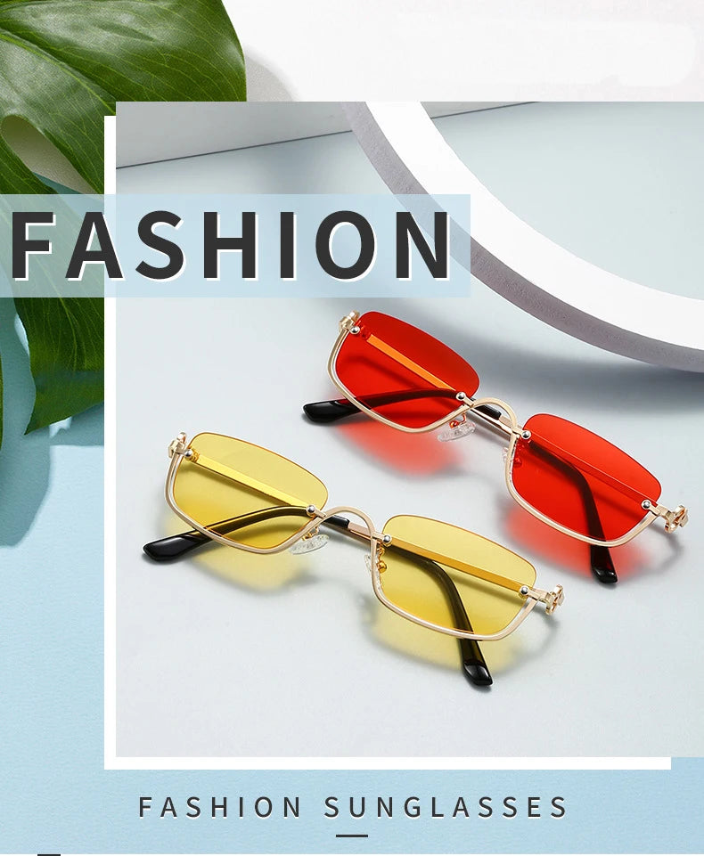 Halbrahmen Eckige Sonnenbrille für Damen Luxusmarke Kleine Metall Retro Rechteckige Schwarze Sonnenbrille Damen Mode Brille
