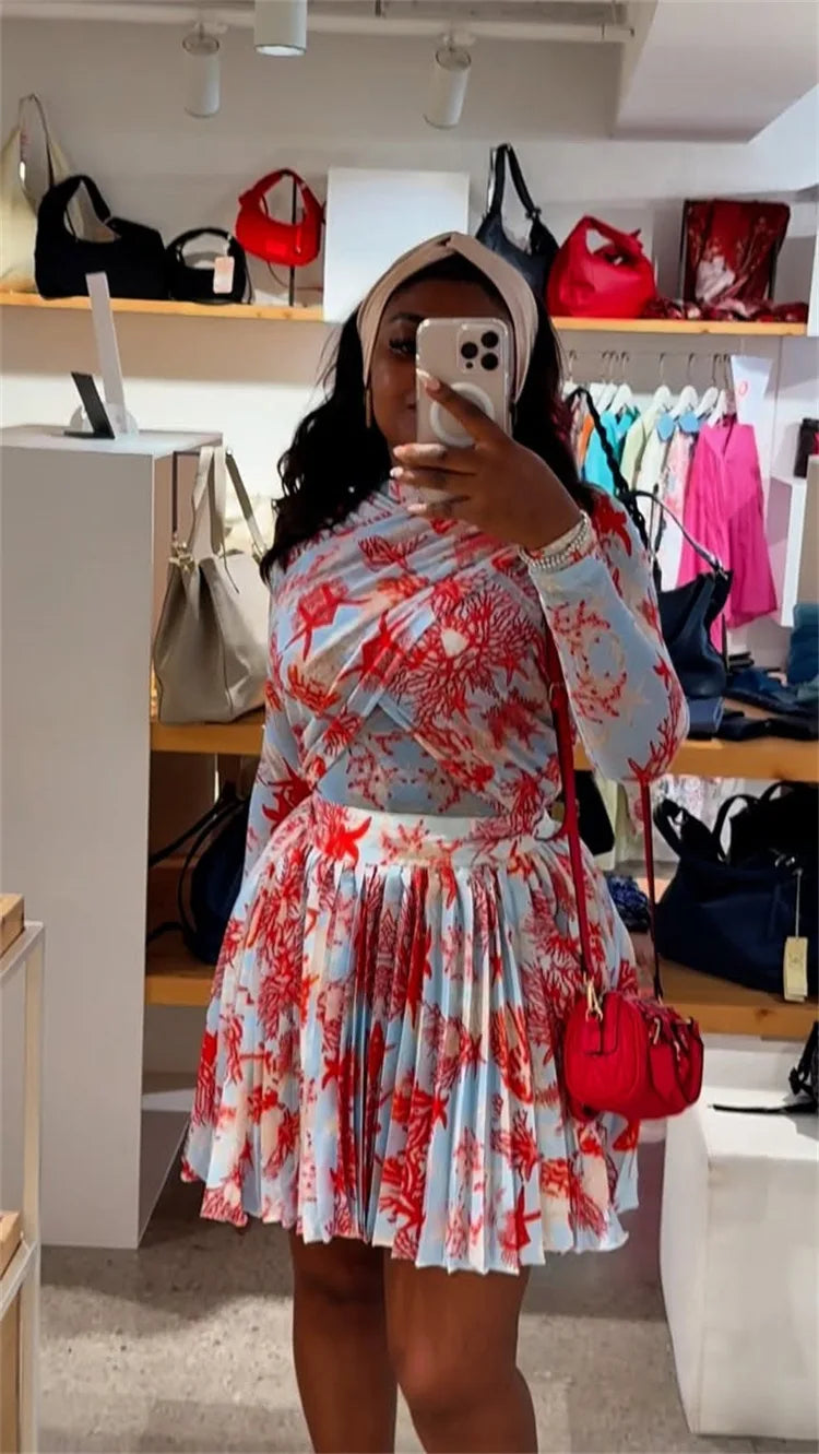 Women Two Piece Sets Shorts Skirt Set Full Sleeve Print Top Short Skirts A Line Pleated High Waist Y2k Streetwear Elegant Autumn