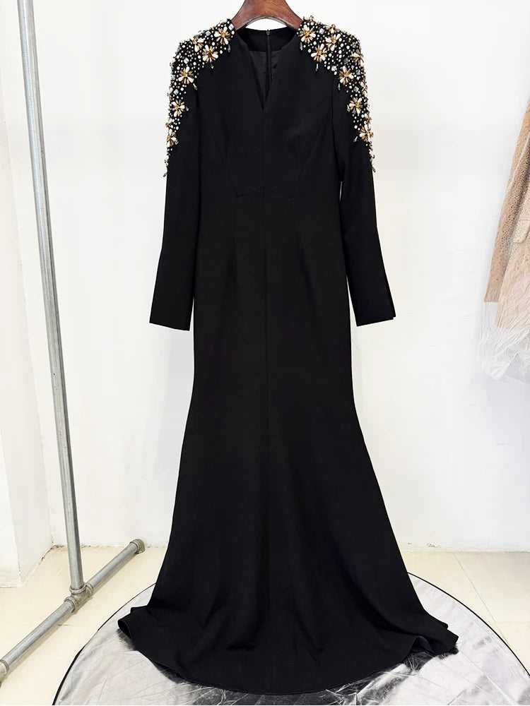HIGH STREET Newest Fashion 2025 Designer Party Vestido Women's Diamonds Beaded Split Long Maxi Dress