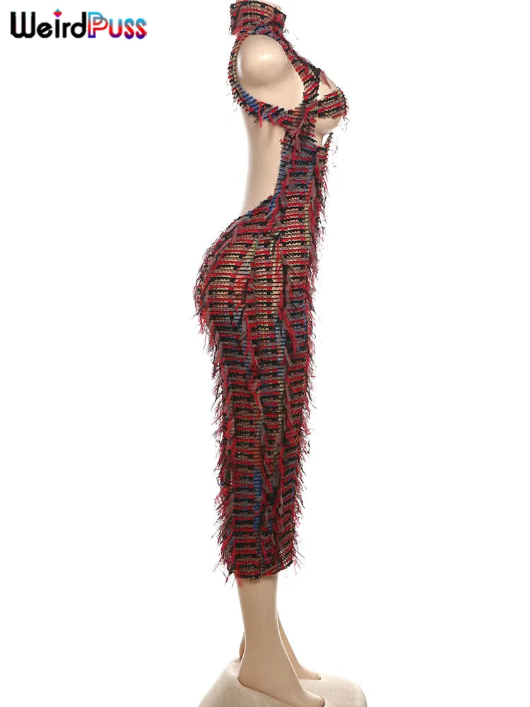 Weird Puss Sexy Hollow Dress Damen Strick Buntes Quasten Backless Y2k Sommer Trend Stretch Ärmellos Elastisch Bodycon Clubwear
