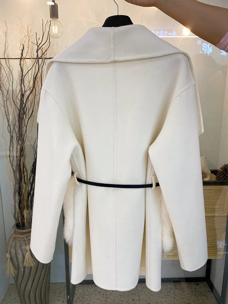 2024 New Winter Real Natural Fox Fur Pocket Coat Ladies Outwear Female Coat Cashmere Wool Woolen Women Luxury Jacket