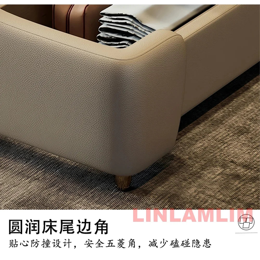MINGDIBAO Luxuriöses, modernes Polsterbettgestell mit Goldakzenten, Designer-Bett aus echtem Leder, Schlafzimmermöbel in Queen-/King-Size