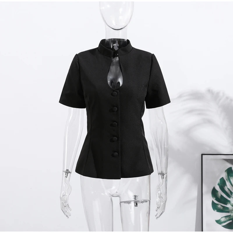 Fashion Women's Stand Collar Blazer Short Sleeve Button Puff Sleeves Solid Lady Top 2025 Summer Autumn Elegant Female Coat