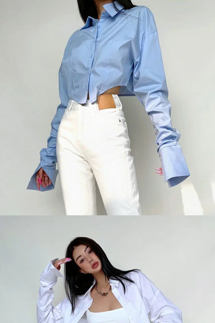 Zadily 2025 Summer Korean Style Long Sleeve White Shirt Women Sexy Button Ladies Crop Tops Blouse Street New In Female Clothing