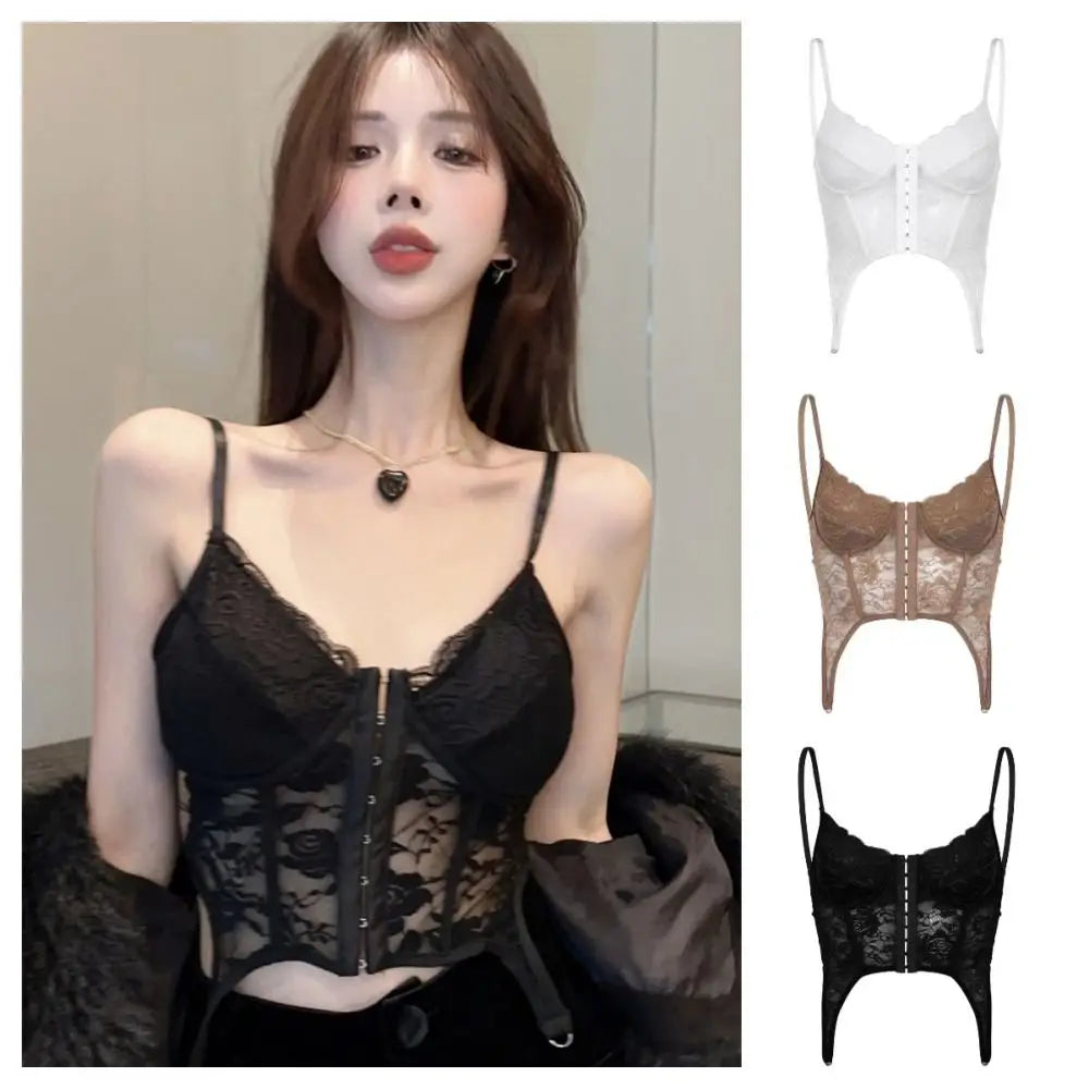 V-Neck Sexy Lace Corset Top Slim Fit Push Up Hollow Suspender Vest Adjustable Straps Off Shoulder Breathable Mesh Vest Travel