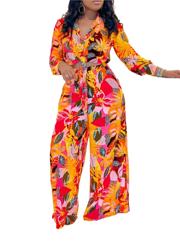 2024 Frühling Sommer Neuer langärmeliger bedruckter Anzug für Damen, Mode-Revers, einreihiges Hemd, weite Hose, Zweiteiler-Set