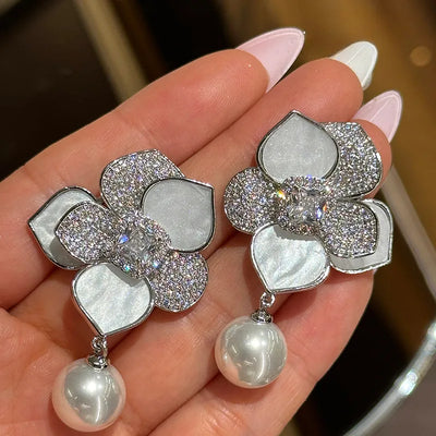 Fashion Flower Zircon Pearl Earrings
