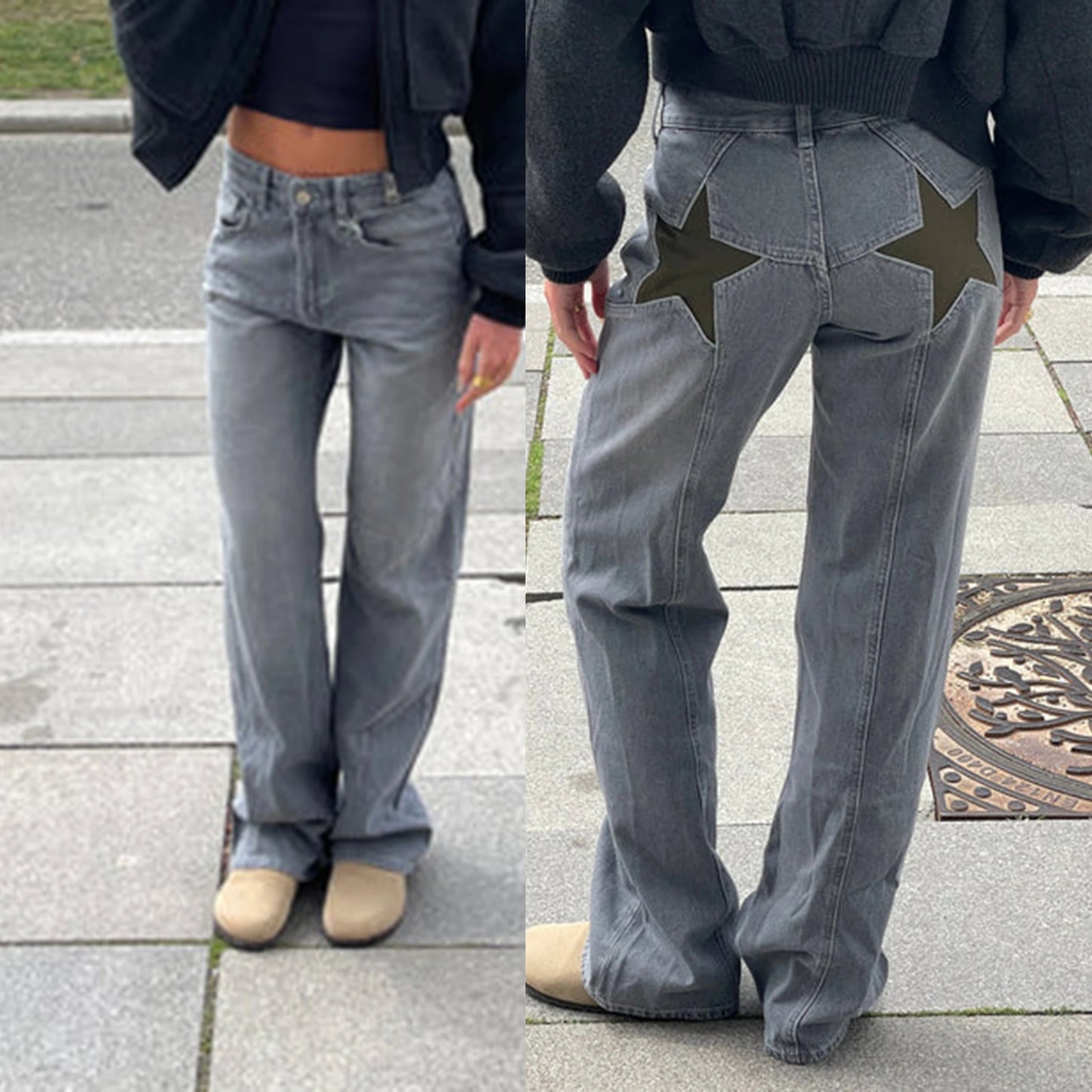 Combhasaki Damen Y2K Vintage Jeans Ästhetischer Sternmuster-Print Loose Straight Leg Denim Lange Hose Lässige Low Waist Hose