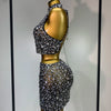 High Quality Sparkling Rhinestone Sexy See Through Blackless Top Skirt Two Pieces Set Woman Luxury Birthday Evening Party Gowns