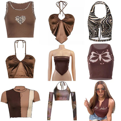 Brown 2021 Vintage Clothes Y2k Corset Crop Top Women Gothic Sexy Cyber Baby Tee Aesthetic Grunge 90s Ropa Fairycore Summer New
