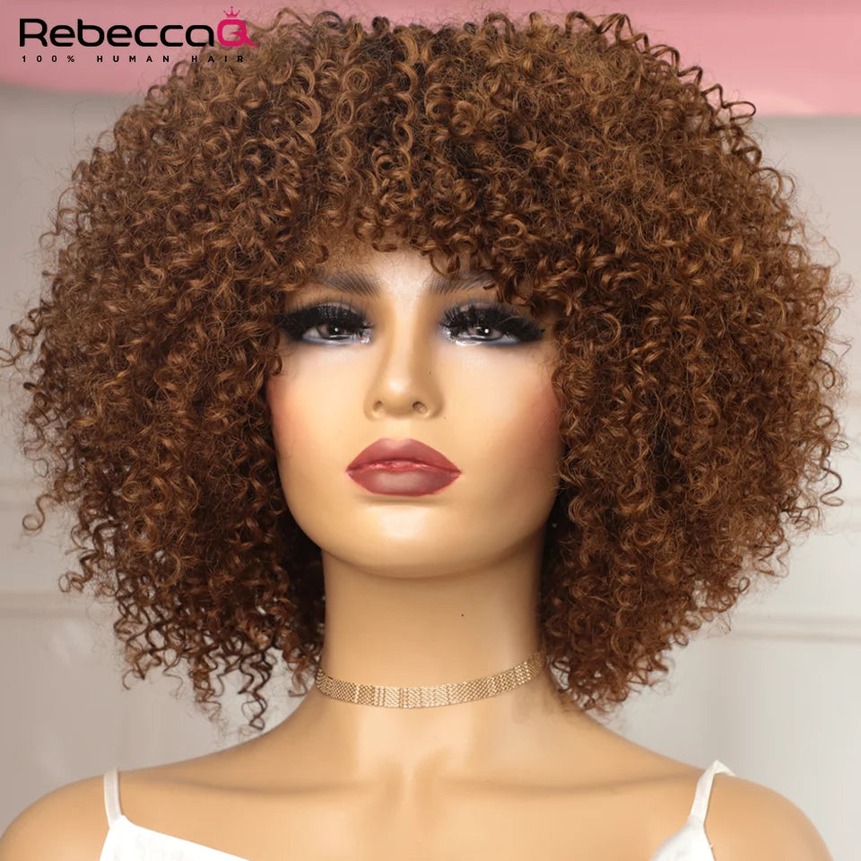 250D Braun Afro Kinky Curly Echthaarperücken mit Pony Zum Tragen Glueless Perücke Remy Brasilianische Kurze Lockige Echthaarperücke