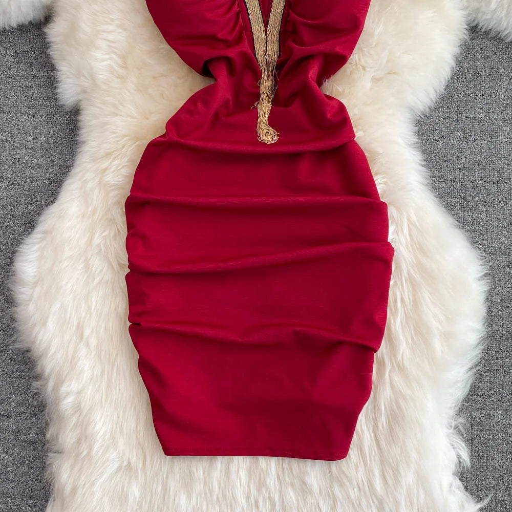 Fashion Bodycon Sexy V-neck Low Cut Mini Short Work Dress Women Backless Irregular Sleeveless Short Hip Wrap Vest Dress OL Red