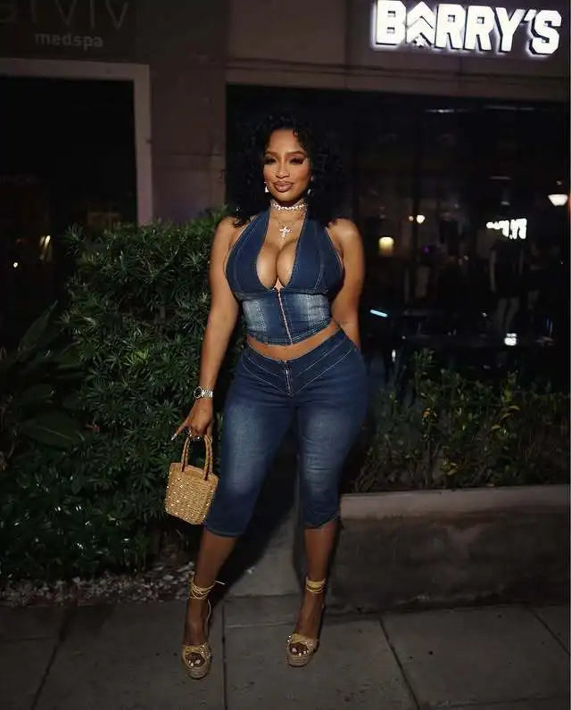 HLJ&GG Blue Fashion Denim Halter Two Piece Sets Women Sleeveless Backless Slim Crop Top And Skinny Jean Pants Outfits Streetwear