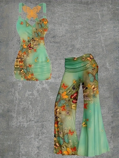 European and American fashion new butterfly lace cross vest and wide-leg trousers two-piece suit