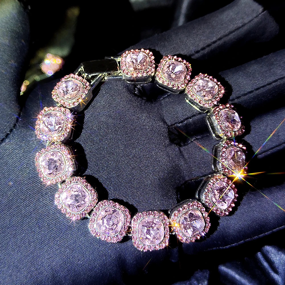 Iced Out Pink Cuban Armband für Frauen Hip Hop Gold Silber Farbe Kristall Herz Kreis Quadrat Armband 4Pcs Set Schmuck Geschenk