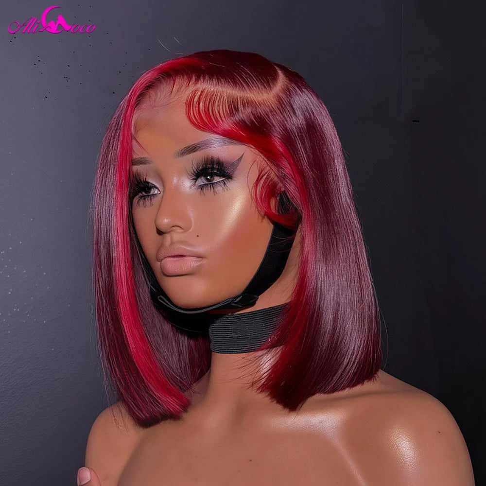 Highlight Rot 99J Bob Perücke Echthaar 180 Dichte 13x4 Lace Front Perücken für Frauen Glatt Kurz Bob Perücke Echthaar Perücken