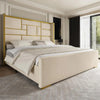 King Size Bed Frame with 55.12" Tall Headboard, Modern Luxury Velvet Upholstered Platform Bed with Gold Trim, Wide, Custom