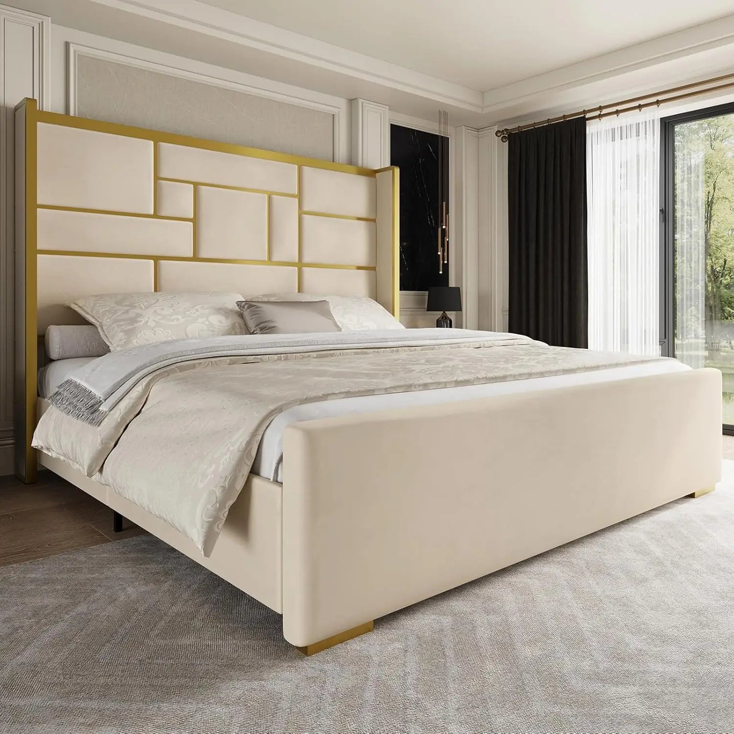 King Size Bed Frame with 55.12" Tall Headboard, Modern Luxury Velvet Upholstered Platform Bed with Gold Trim, Wide, Custom