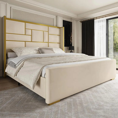 King Size Bed Frame with 55.12" Tall Headboard, Modern Luxury Velvet Upholstered Platform Bed with Gold Trim, Wide, Custom