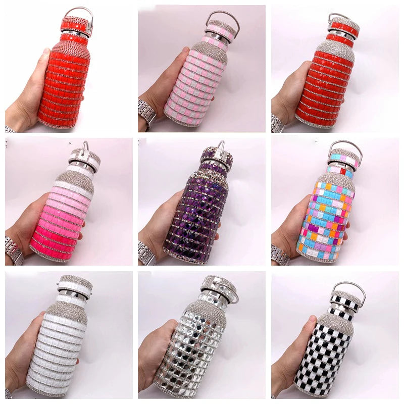 Bling Rhinestone Insulated Thermos Water Bottle with Chain Stainless Steel Vacuum Insulated Bottle Flask Portable Tumbler
