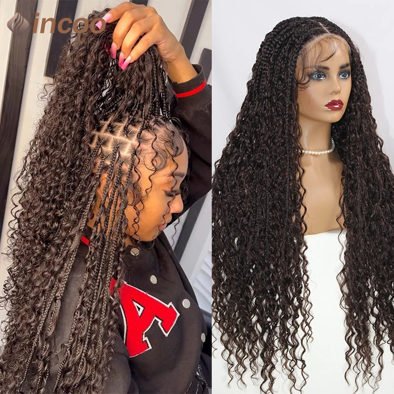Boho Box Braided Wigs, gelocktes Kunsthaar, volle Lace-Front-Perücken für schwarze Frauen, Goddess Locs Braid Wig, Bohemian Box Braid Wig