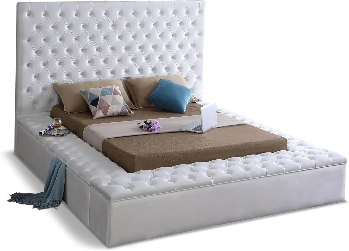 Bliss Collection Modernes Polsterbett aus Samt mit tiefer Knopfheftung und Staufächern, Weiß, Queen