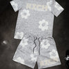 Fashion Men's Black and White Flower Graphic Print T-shirt Shorts 2-piece Set O-neck Short Sleeve Top Elastic Waist Shorts Set