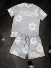 Fashion Men's Black and White Flower Graphic Print T-shirt Shorts 2-piece Set O-neck Short Sleeve Top Elastic Waist Shorts Set