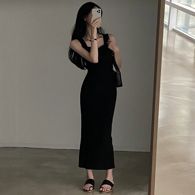 CIBBAR Basic Strick-Maxikleid Koreanische Mode Quadratischer Kragen Ärmellos Damenkleider Sommer Lässig Y2k Vintage All-Match Outfits