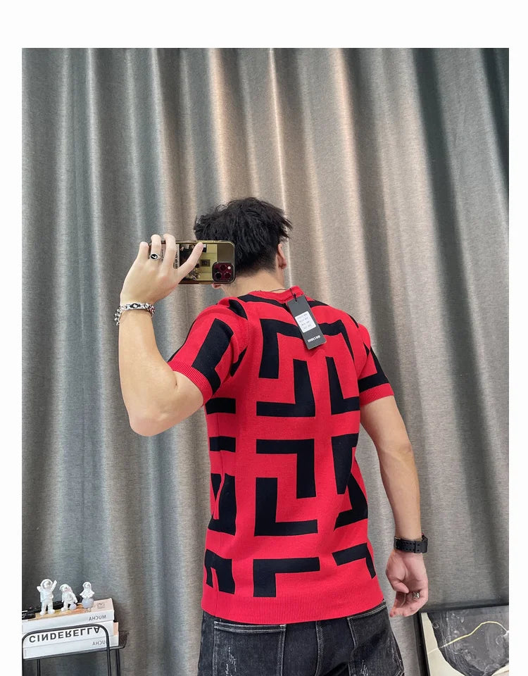 Luxury Men Autumn Knitted Tshirt 2024 Korean O-neck Short Sleeve Top Tees Streetwear Male Social Club Slim Fit Casual T-Shirt