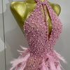 Women Luxury Rhinestones Pearls Feathers Halter Backless Short Dress Women Sexy Celebrate Birthday Dress Nightclub Stage Costume