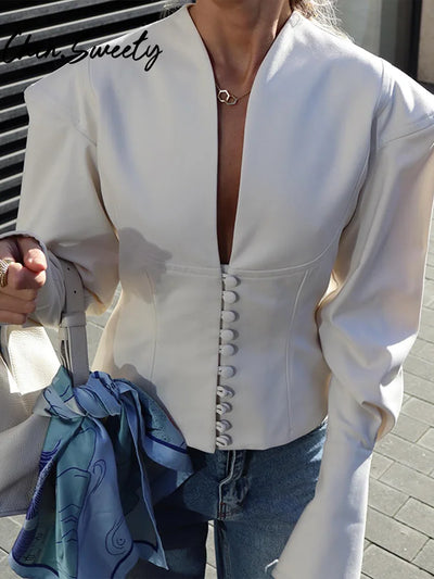 Urban White Women Blazer Coats Elegant Single Breasted V-neck Long Sleeve Female Jacket 2025 Autumn Office Lady Outwears