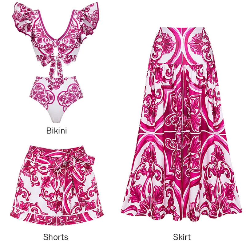 Flaxmaker Long Sleeves Majolica Series Pattern Print One Piece Swimsuit Biquini Beachwear Women Sexy Bikini Sets Swimsuit