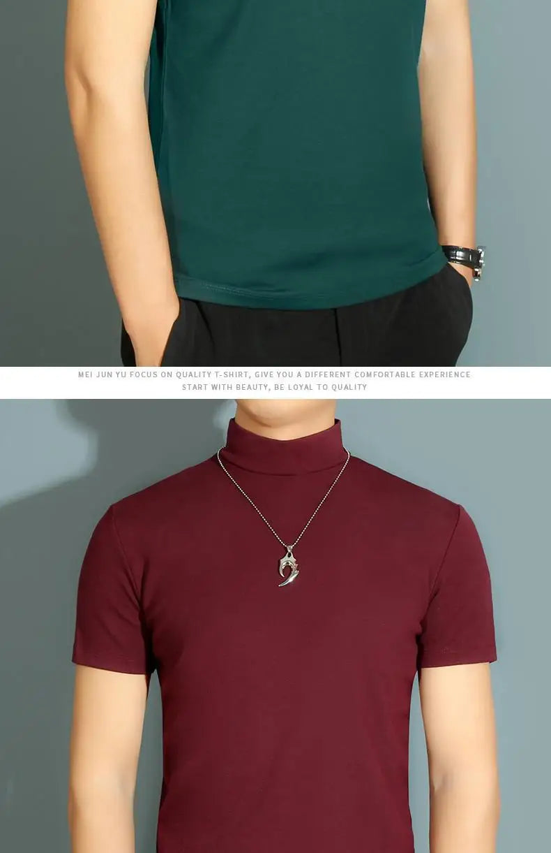 Men's Modal High Neck Short Sleeve T-Shirt Bottoming Shirt Silk Model Golf Wear Luxury Clothing Men's T-Shirt Bottoming Shirt