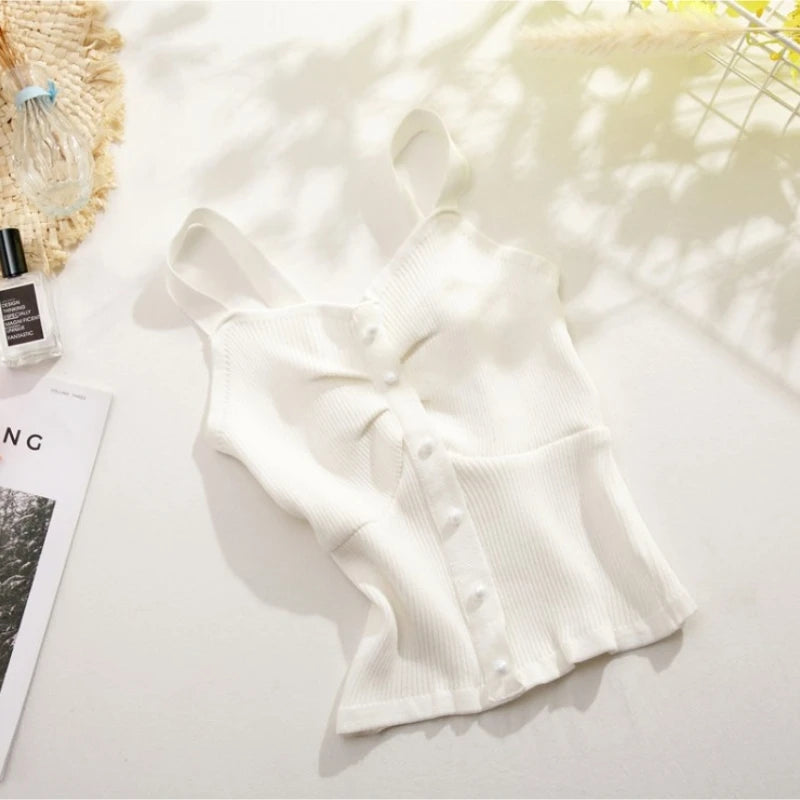 New Style Summer Crop Top Women Seamless Sexy V-Neck Wide Straps Tank Top Knitted Button Camisole Solid Corset Top Female Vest