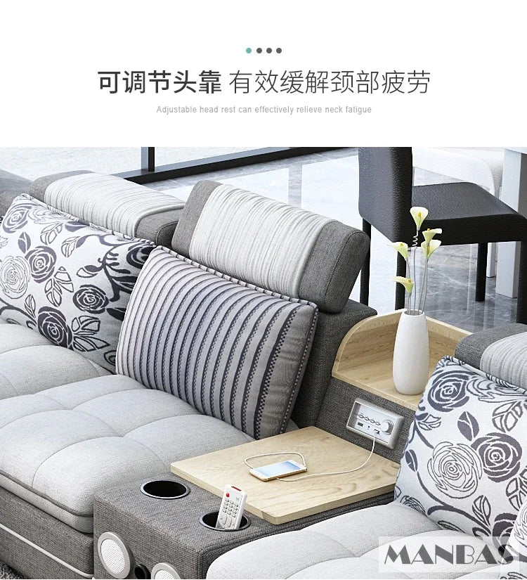 MINGDIBAO Nordische Stoff-Sofagarnitur mit Bluetooth-Lautsprecher & USB – Modernes Modulares Wohnzimmer-Sofa, Großes U-förmiges Ecksofa aus Stoff