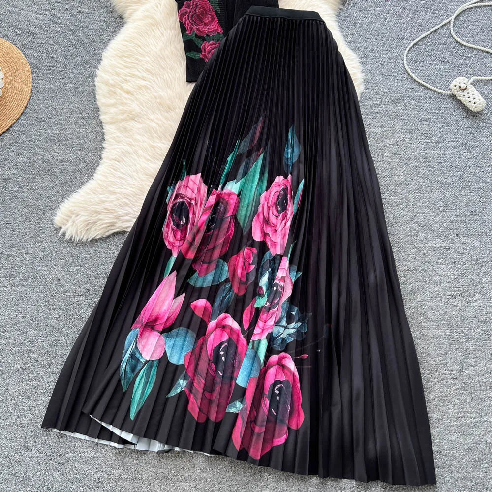 Two Pieces Women Dress Sets Solid Matching Sets V Neck Printing Top High Waist Pleat Dress Loose Fit Casual 2025 Autumn Winter